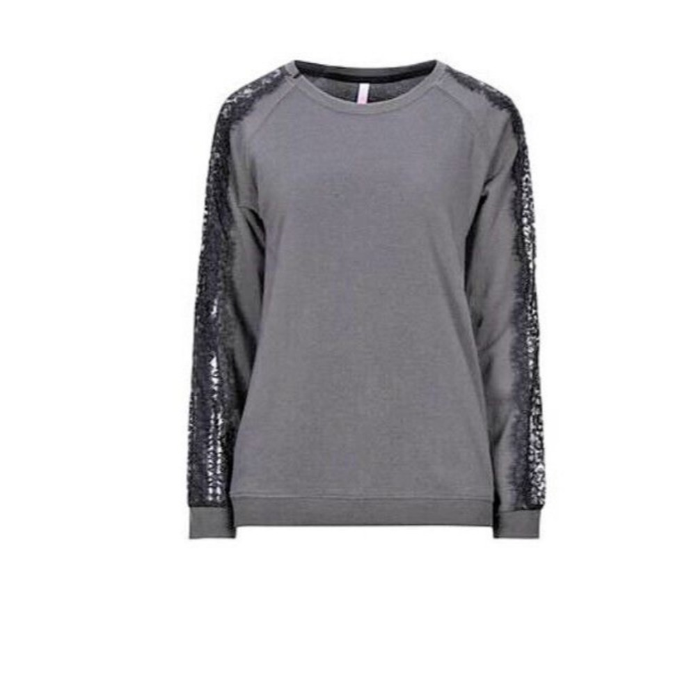 Sun68 Women's Grey Sweatshirt SZ M Crew Neck Lace Long Sleeve Cotton Blend